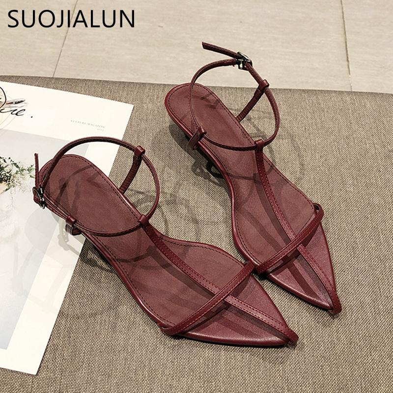 Fashion SUOJIALUN 2025 Summer New Women Sandal Fashion Narrow Band Ladies Gladiator Shoes Thin Low Heel Ankle Strap Dress Party Shoes