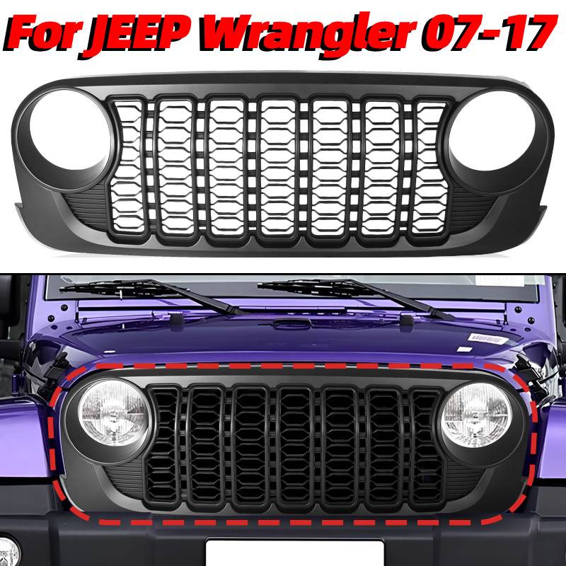 Car Front Bumper Grille Wear Resist ABS Bumper Mesh Grill Replacement Grille for JK Modified To 24 JL for JEEP Wrangler 07-17