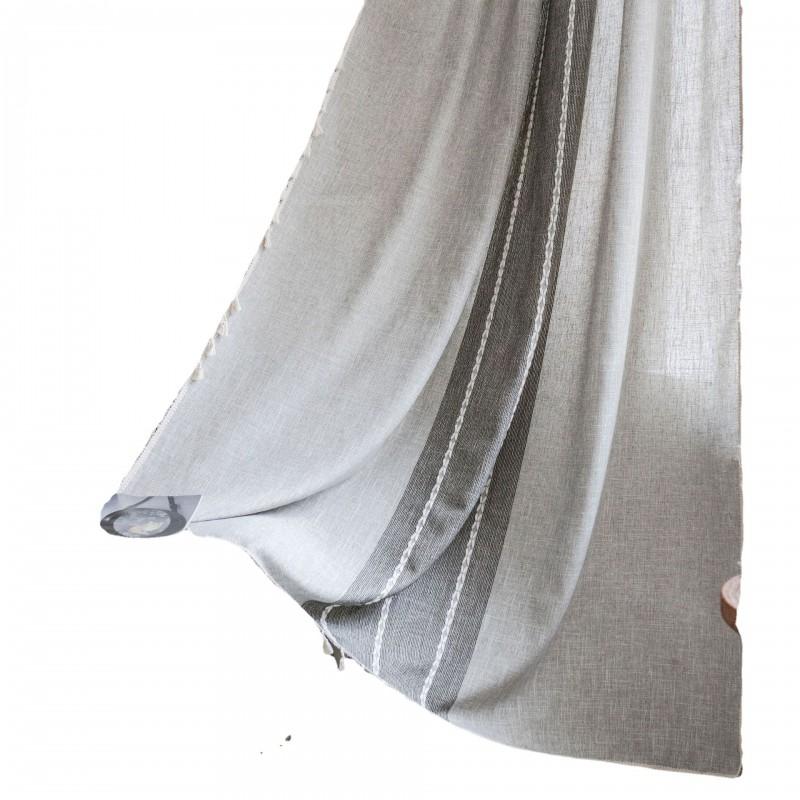 Cotton Embroidered Striped Curtain With Fringe Trim Semi-Sheer Kitchen Living Room Bay Window Modern Farmhouse Style