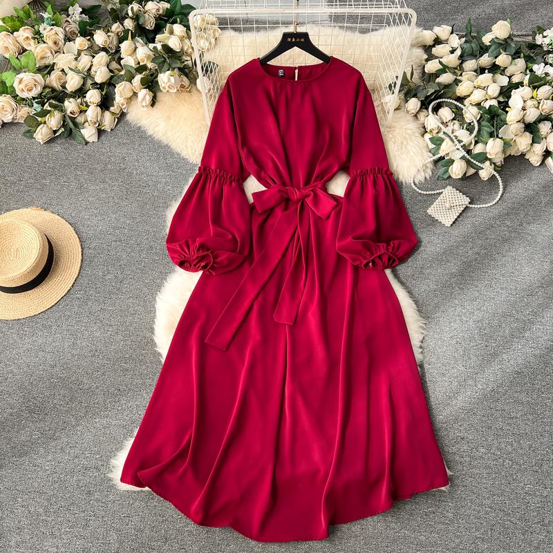 Женские винтажные милые платья средней длины с высокой талией А-силуэта с круглым вырезом и рукавами-фонариками на шнуровке Vestidos весна-лето Женское платье