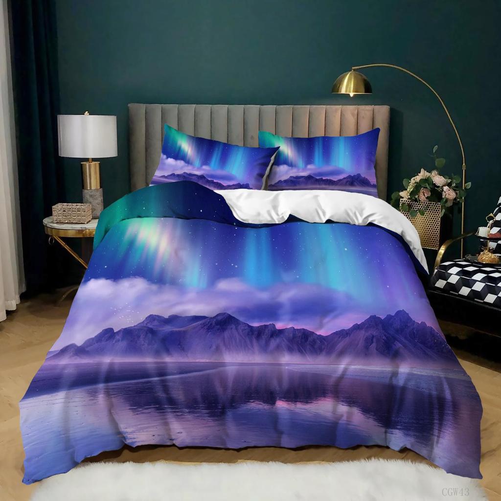 Aurora Borealis Полиэстер Пододеяльник Комплект Дерево Под Магнитным Полем Природы с Северным Сиянием Пейзаж Картина King Size