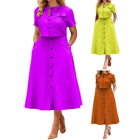Женская рубашка и юбка, однотонная блузка с круглым вырезом, застегивающаяся на пуговицы, юбка с карманами, летний наряд для офиса, деловых мероприятий