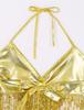 2Pcs Womens Shiny Sequin Tassels Belly Dance Costume Halter Bra Top with Hip Scarf Wrap Skirts Set Ballroom Dancewear