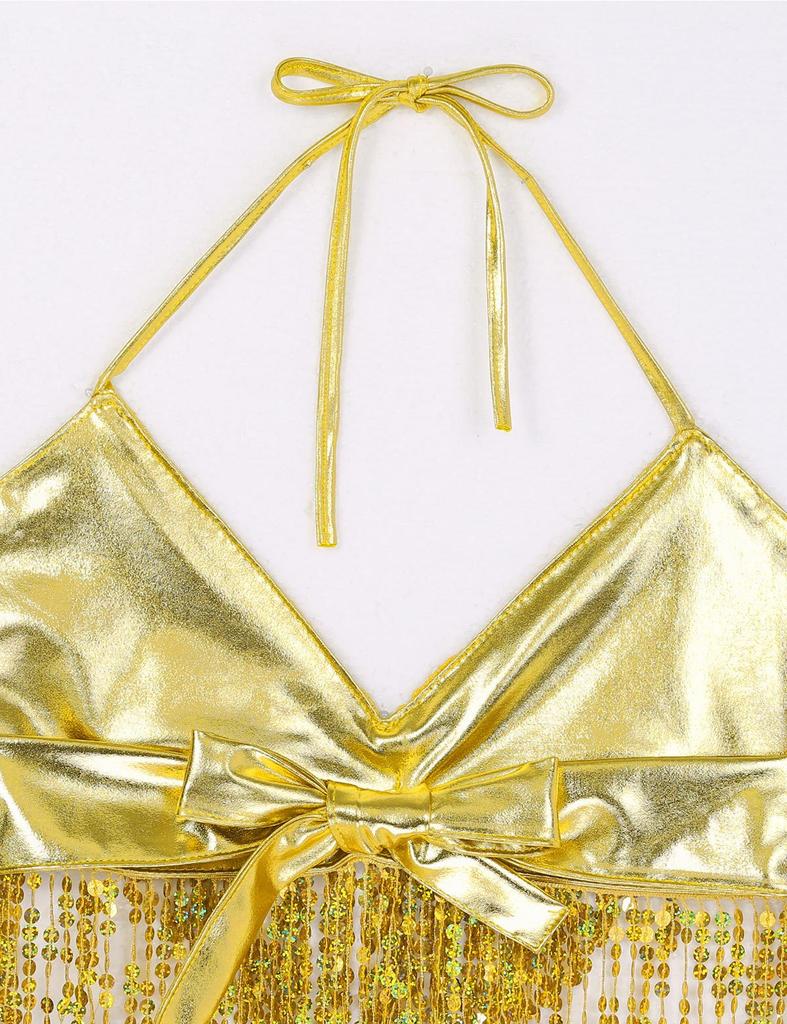 2Pcs Womens Shiny Sequin Tassels Belly Dance Costume Halter Bra Top with Hip Scarf Wrap Skirts Set Ballroom Dancewear