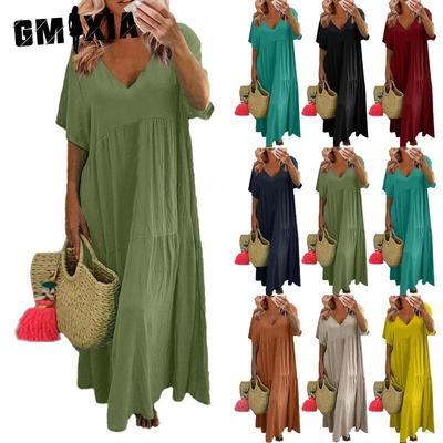 Женское летнее модное однотонное платье с V-образным вырезом больших размеров, свободное длинное повседневное платье с коротким рукавом