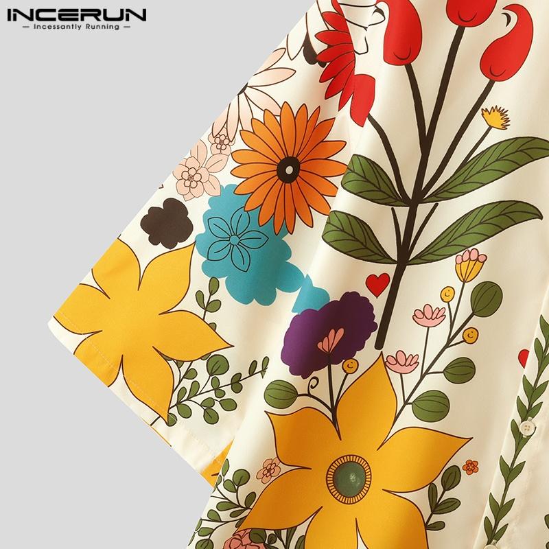 INCERUN Рубашки свободного покроя для мужчин с воротником-лацканами, рукавом 3/4, пуговицами, цветочным принтом, для отдыха