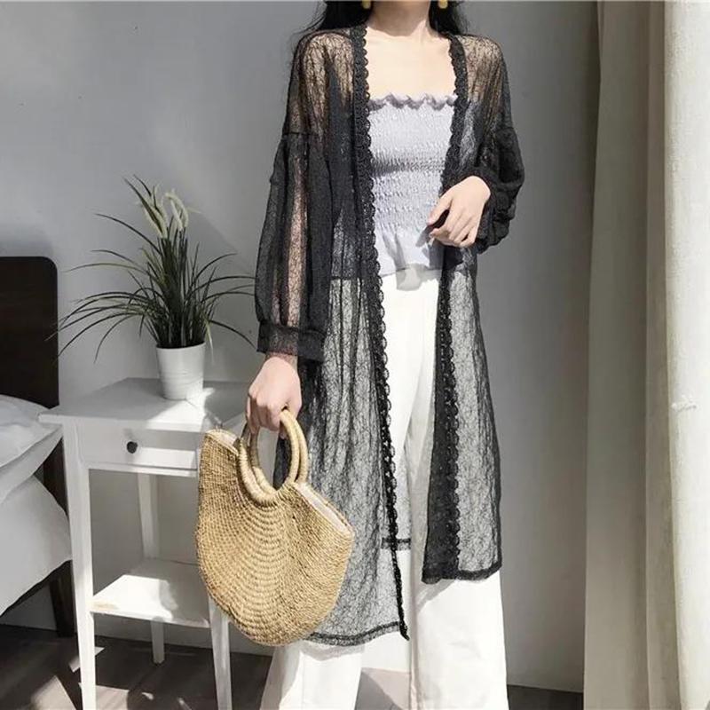 Женская шифоновая накидка большого размера, летний кардиган с длинными рукавами, модная ретро-полая солнцезащитная рубашка, тонкая куртка средней длины, кружевные топы