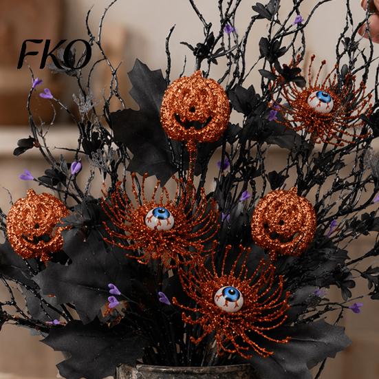 Halloween Party Decor Artificial Branch with Pumpkin And Eyeball, Black Glitter Fake Twig Centerpiece Decorations Maple Leaves for Gothic Vase Filler,