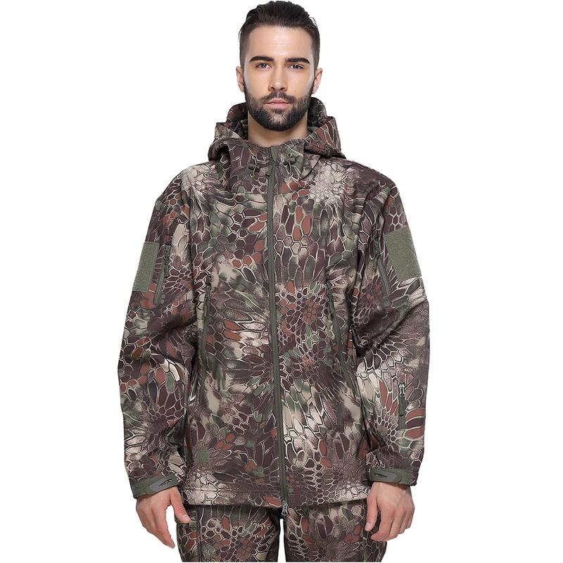 Мужская водонепроницаемая куртка Soft Shell Camouflage, зимняя теплая флисовая куртка Python Camo Military, тактическая куртка с капюшоном для активного отдыха, одежда для охоты