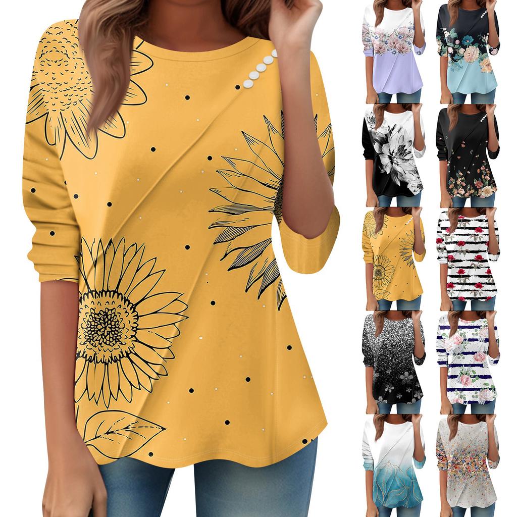 Women's Loose Casual Long Sleeve Top Round Neck Button Pull Stripe Prints T Shirt