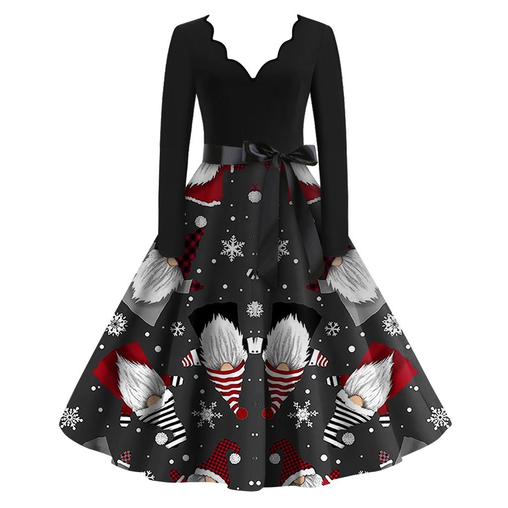 Женские модные повседневные тонкие рождественские платья с длинным рукавом с v-образным вырезом и принтом