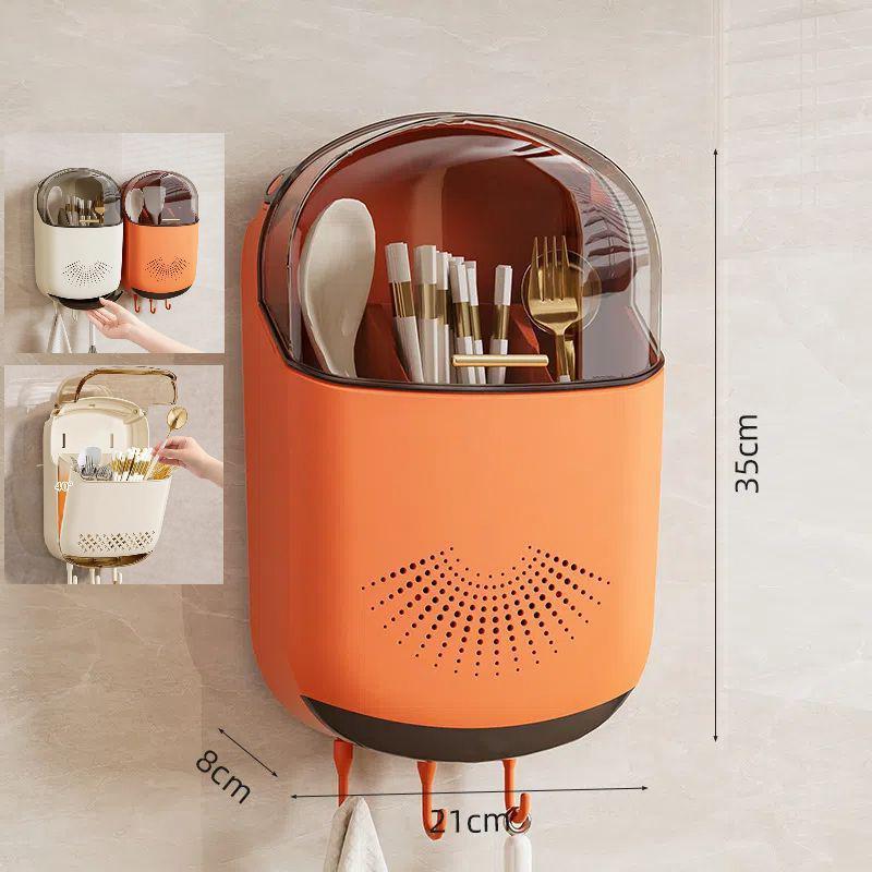 Kitchen Cutlery Storage Box Wall Mount Tableware Storage Holder With Lid Dustproof Spoon And Chopstick Organizer Drain Racks