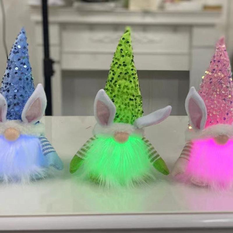 Easter Gnome Sequins Rabbit Faceless Doll with LED Light Ornaments for Spring Swedish Tomtes Dwarfs Home Decorations