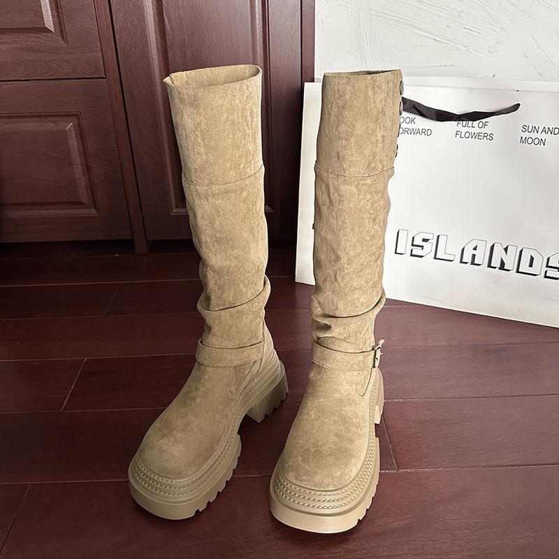 Small people grow taller in autumn and winter, pile up new models, but thick-soled knight boots knee boots women's boots suede tall tube