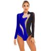 Womens Color Block Patchwork Leotard Sparkling Rhinestone Sheer Mesh Long Sleeve Bodysuit for Gymnastics Acrobatics Dance