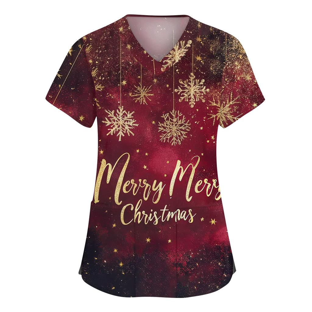 Women's Fashion V-neck Short Sleeve Workwear With Pockets Christmas Printed Tops
