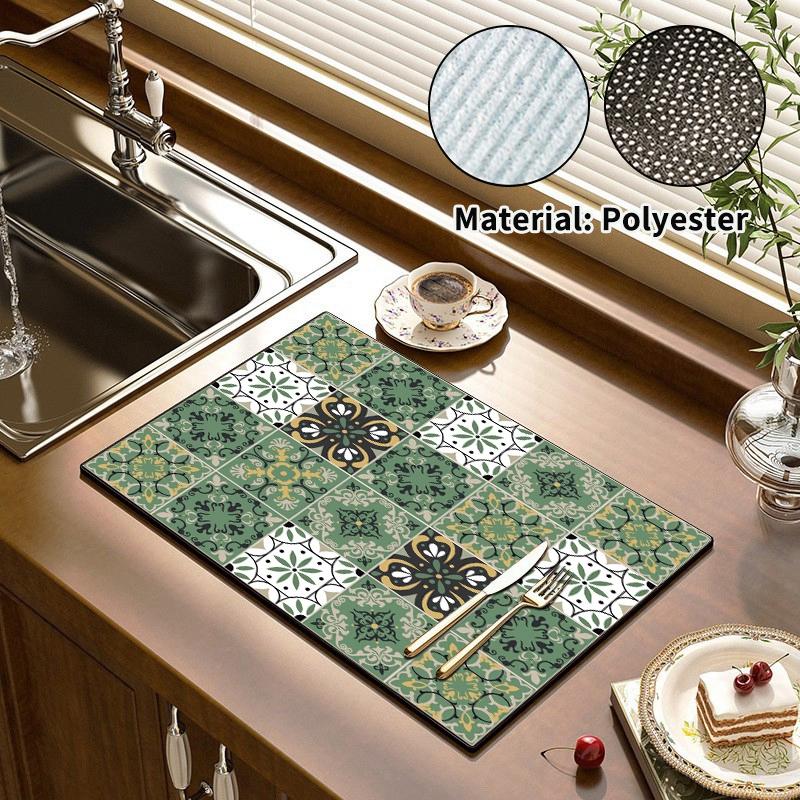 Kitchen Dish Mat Absorbent Dining Table Mats Retro Non-Slip Drain Pad Draining Placemat Coffee Dish Tableware Mat For Home Decor