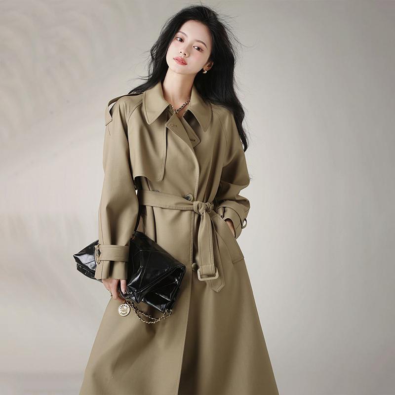 Plus Size Spring Autumn Long Elegant Chic Trench Coat for Women Drawstring Waist Double Breasted Jacket