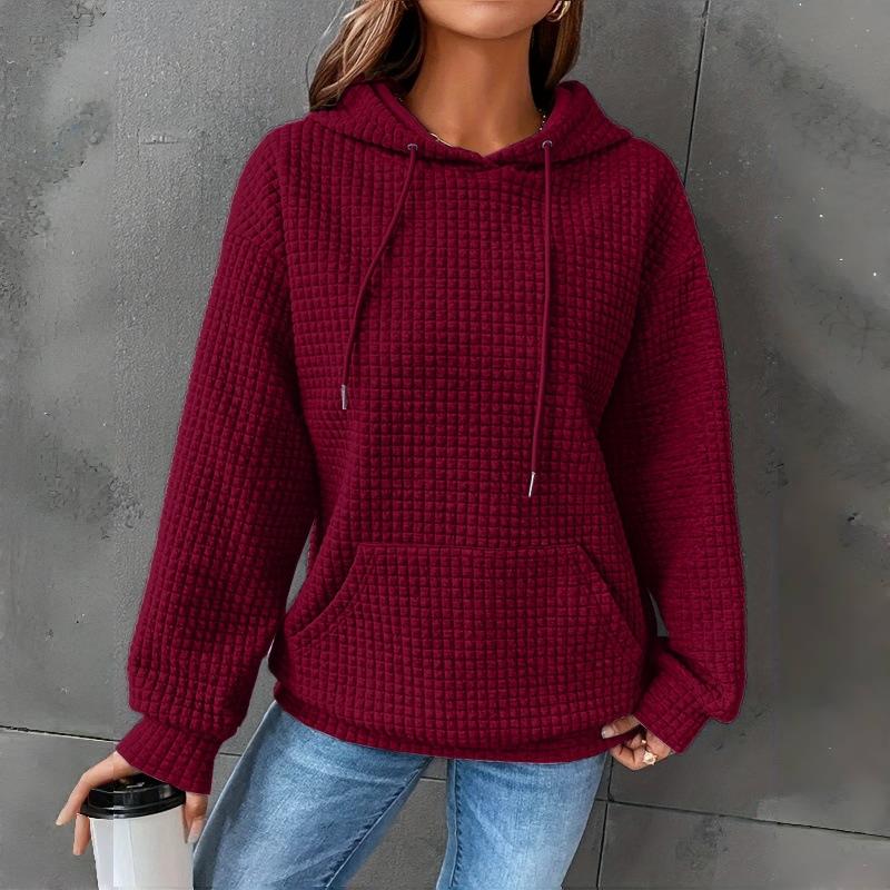 Women S Casual Solid Color Waffle Hooded Long Sleeve Sweatshirt