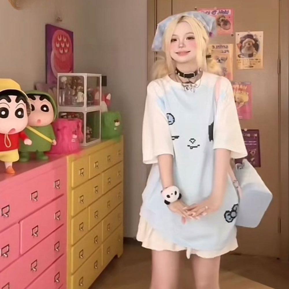 Футболка контрастного цвета Y2k Aesthetic Harajuku Vintage Skull Tops Women Kawaii Print Casual Loose Fairy Grunge Streetwear Tops