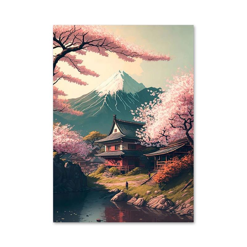 Ретро Фэнтези Япония Дом Деревенский Пейзаж Плакаты и принты Холст Картины Озеро Сакуры Настенное Искусство Для Гостиной Домашний Декор