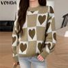 Women Autumn Round Neck Long Sleeve Plaid Heart Print Pullover Sweaters