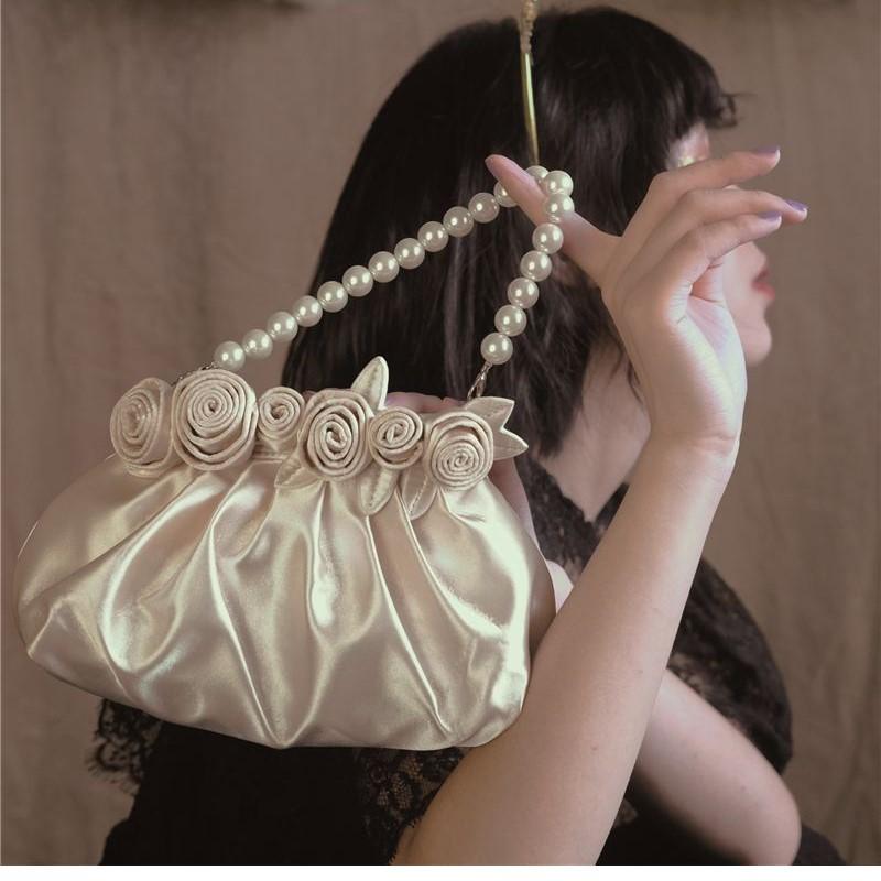 Vintage Cloud Hand Bag Purse Women Aesthetic Floral Pearl Handbag Female Harajuku Sweet Elegant Handle Bag