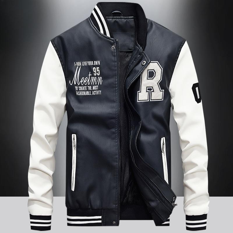 Autumn/Winter Leather Men's and Fleece Motorcycle Leather Jacket Trend Youth Baseball Clothing Embroidered Leather Jacket