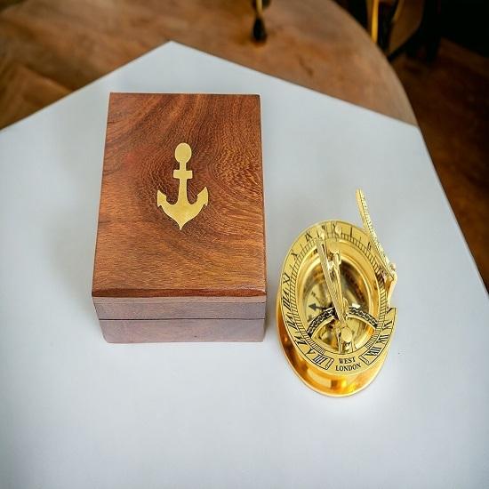 Brass Sundial Compass WEST London Nautical Item with Wood Box Free Rustic Home Decor Gifts