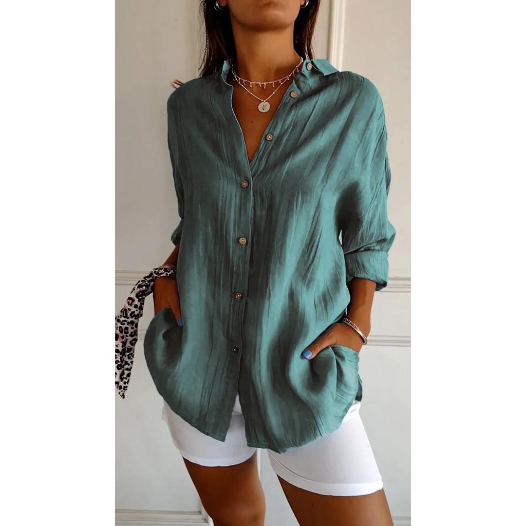IHUASU Single Breasted Pleated Lapel Shirt Women's Solid Color Pull-up Sleeve Top