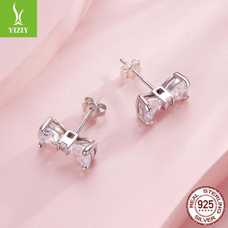 Bow S925 Sterling Silver Stud Earrings For Women, Shining Luxury Zircon Simple Stud Earrings.