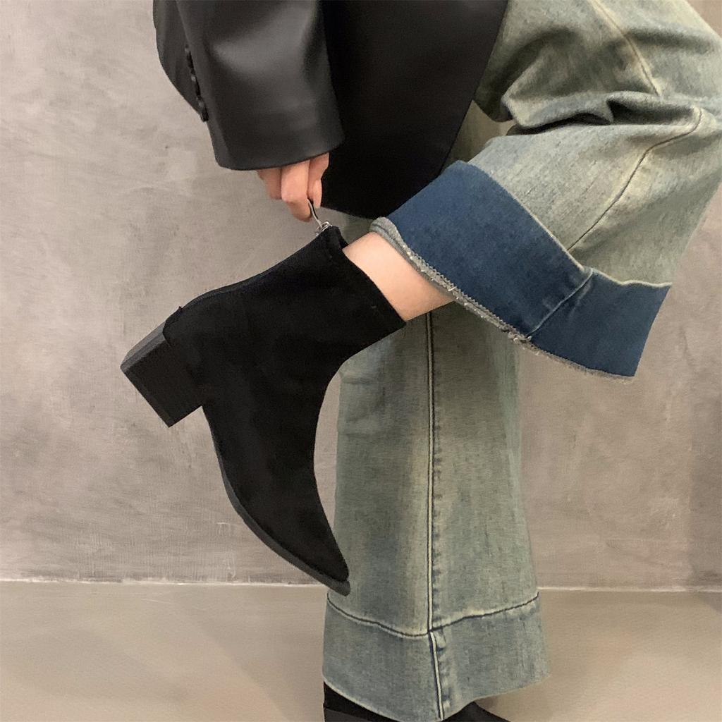 Coarse Heel Pointed Leopard Print Suede French Small Ankle Boots Women's Shoes 2024 New Autumn and Winter Brown Thin Boots Short Boots