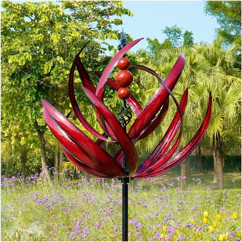 Yard Garden Wind Spinners Large Outdoor Metal Wind Spinners Sculptures, Lawn Yard Art Garden Decor (Burgundy Lotus)