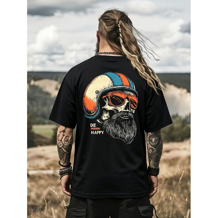 Men'S Motorcycle T-Shirt Skull Helmet And Beard Design Biker Fun Die Happy Motif Casual Crew Neck Slight Stretch Fabric Regular Fit Perfect for All