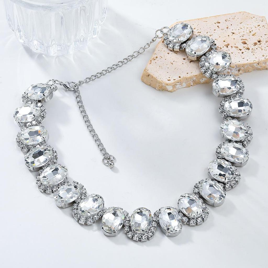 2024 Европейское и Американское преувеличенное ожерелье с когтями: Овальные цветные стеклянные и бриллиантовые свадебные украшения