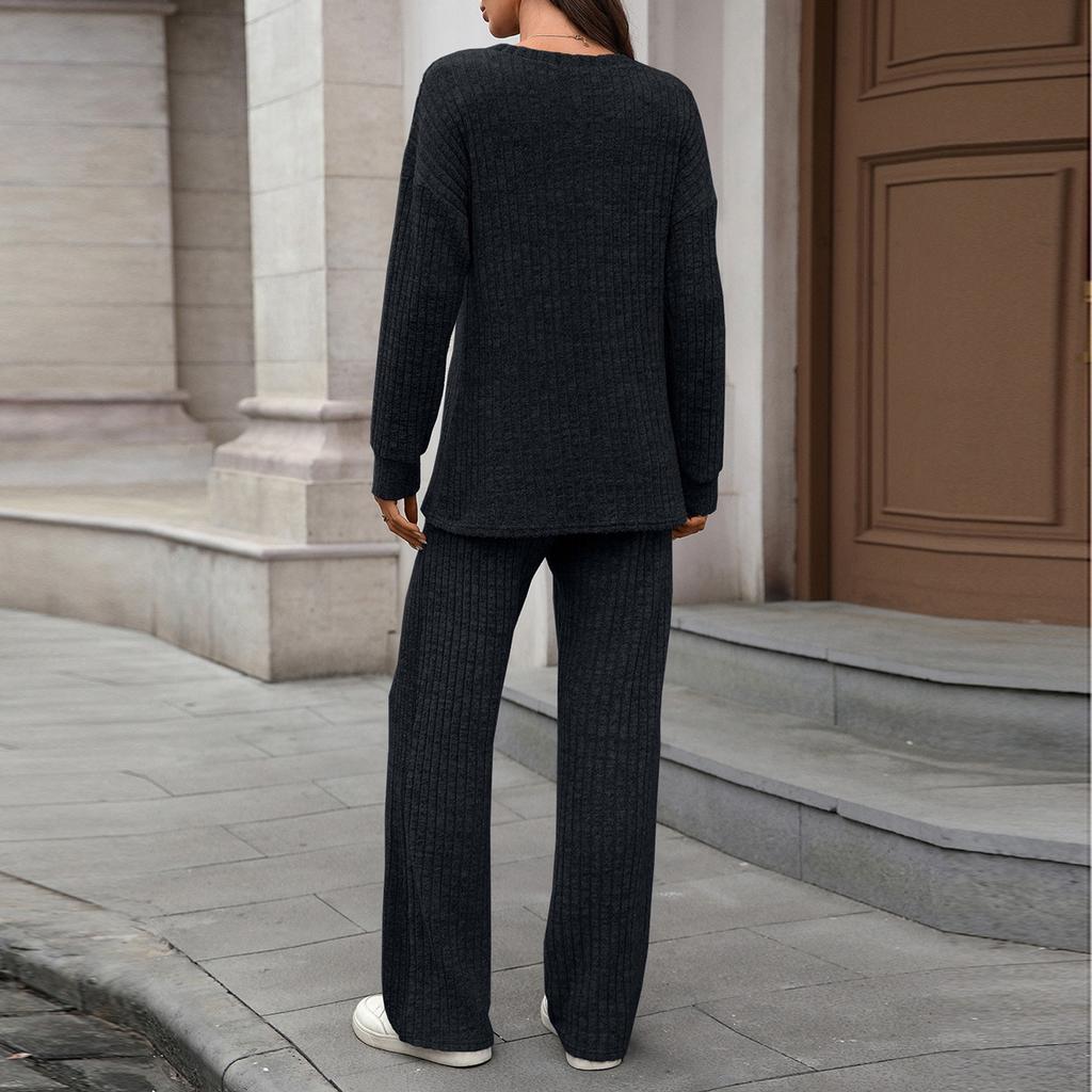 Женский модный и удобный трикотажный комплект для отдыха с круглым вырезом, длинными рукавами и брюками с начесом