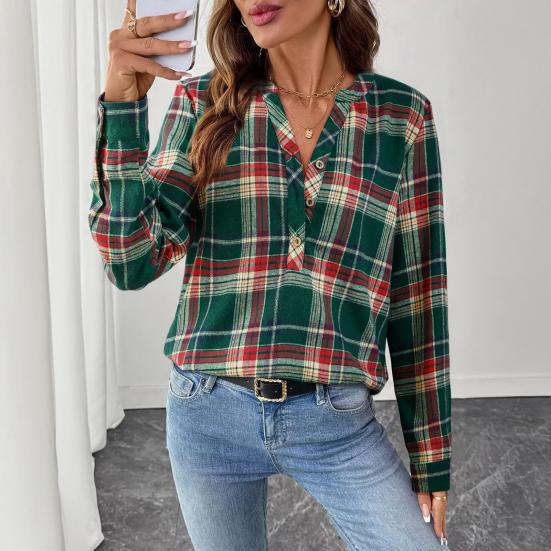 Женская рубашка с V-образным вырезом, на пуговицах, с полупланкой, длинным рукавом, пуловер, клетчатый узор, повседневная, обычного кроя, офисная