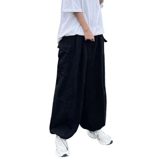 Men Pants with Multi Pockets Elastic Waist Wide Leg Oversized Vintage Cargo Pants Solid Color Streetwear Slacks for Outdoor Hiking Camping