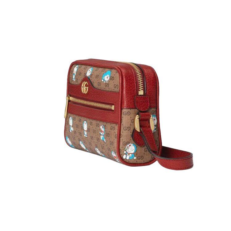 Gucci X Doraemon GG Supreme Сумка для камеры Бежевый холст и кожа Принт Doraemon Золотая застежка-защелка Через плечо для женщин Ежедневная поездка 647784-2TUBG-8580
