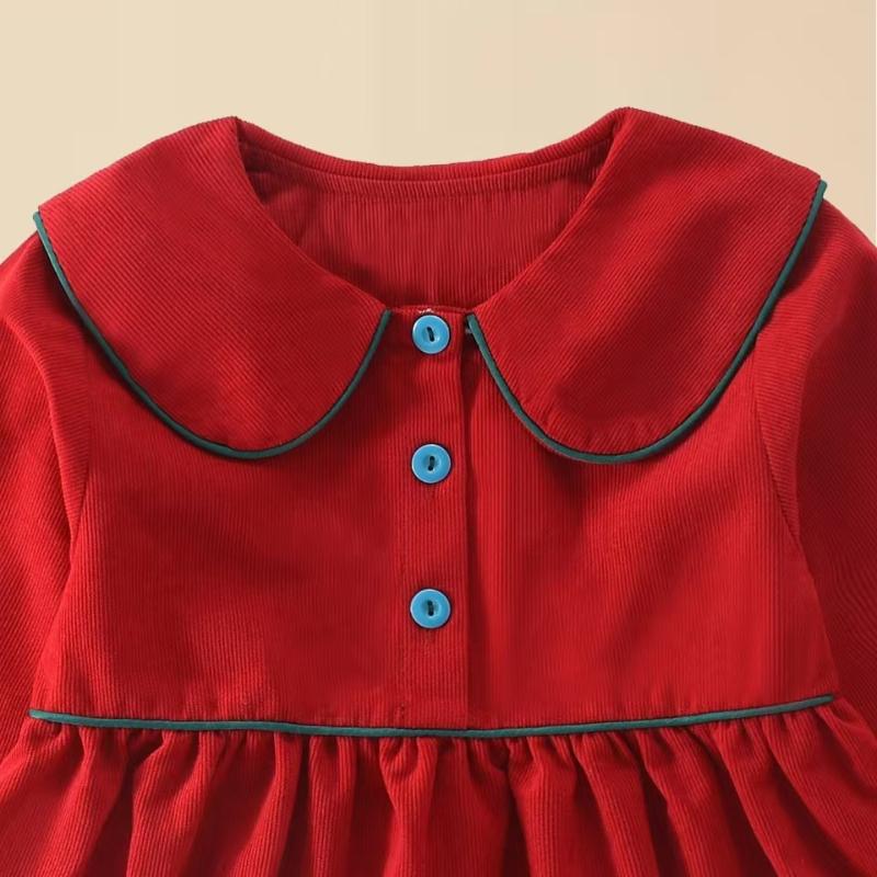 Вельветовое платье для девочек Платье принцессы для девочек с воротником Питер Пэн, темно-красное платье