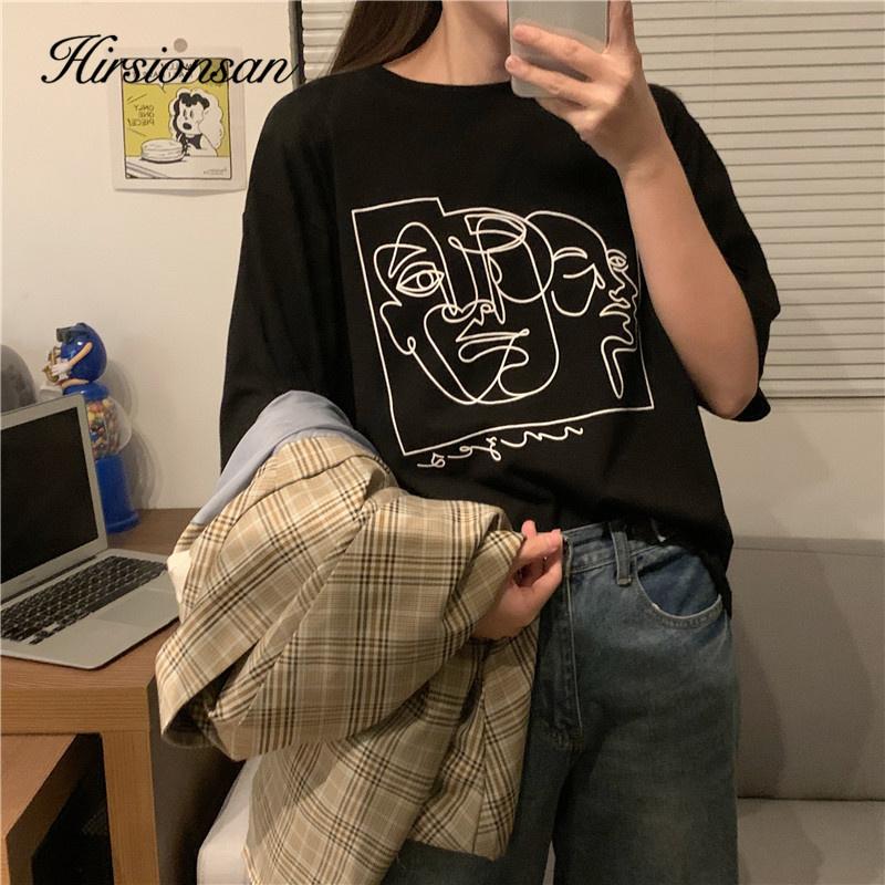 Hirsionsan Fashion Abstract Line Printed T Shirt Women Funny Graphic Soft Loose Female Tees Cotton Summer Casual Tops Khaki Tshirts 2021