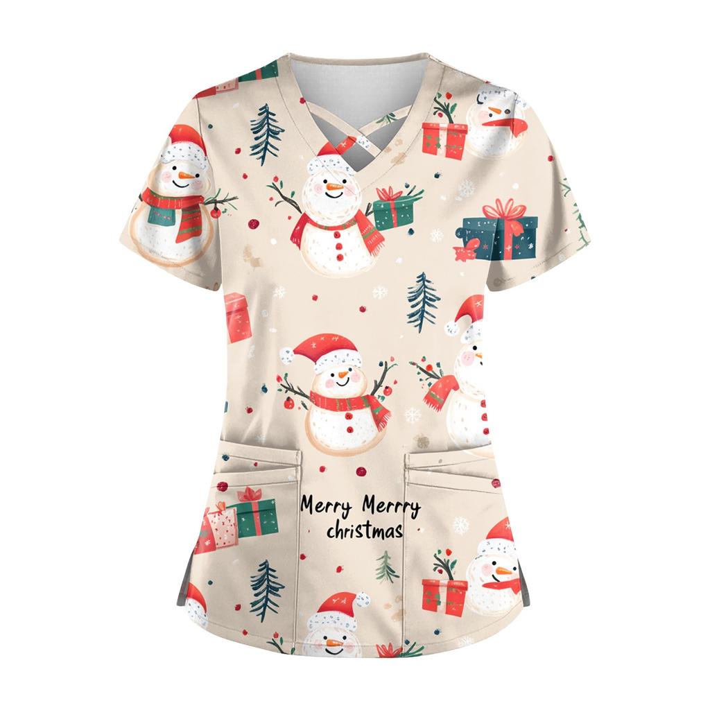 Women's Short Sleeve Stagger V Neck Christmas Print Pocket Dry-nurse Top
