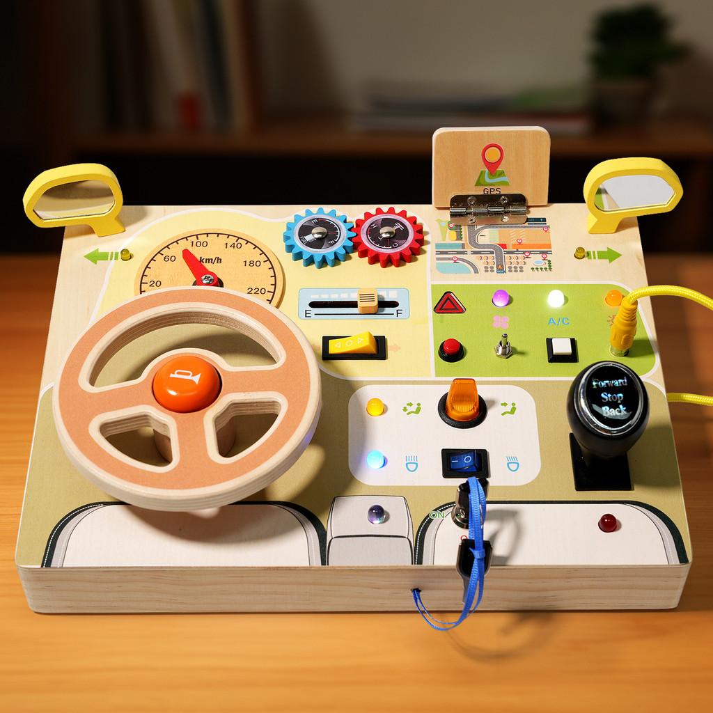 Kids Wooden Busy Board With Realistic Steering Wheel And Circuit Board For Developmental Toys