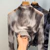 Half Turtleneck Base Shirt for Women's New Style Retro Printed Mesh T-shirt Thin Inner Top with Black Ear Top