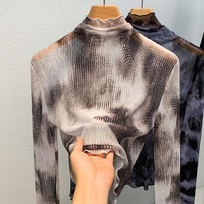 Half Turtleneck Base Shirt for Women's New Style Retro Printed Mesh T-shirt Thin Inner Top with Black Ear Top