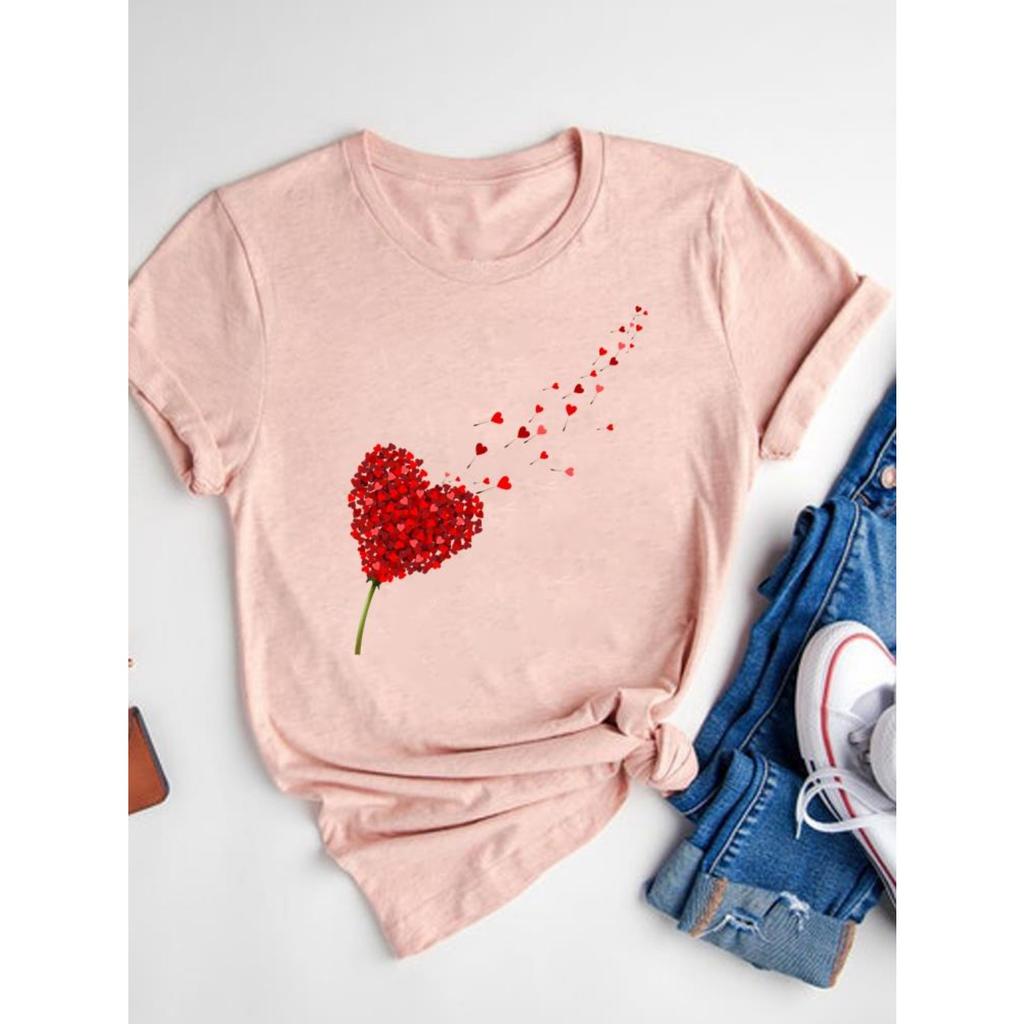 Watercolor Love Heart Sweet Fashion Short Sleeve Print T Shirt Tee Basic Clothing Summer Top Graphic T-shirt Women Clothes
