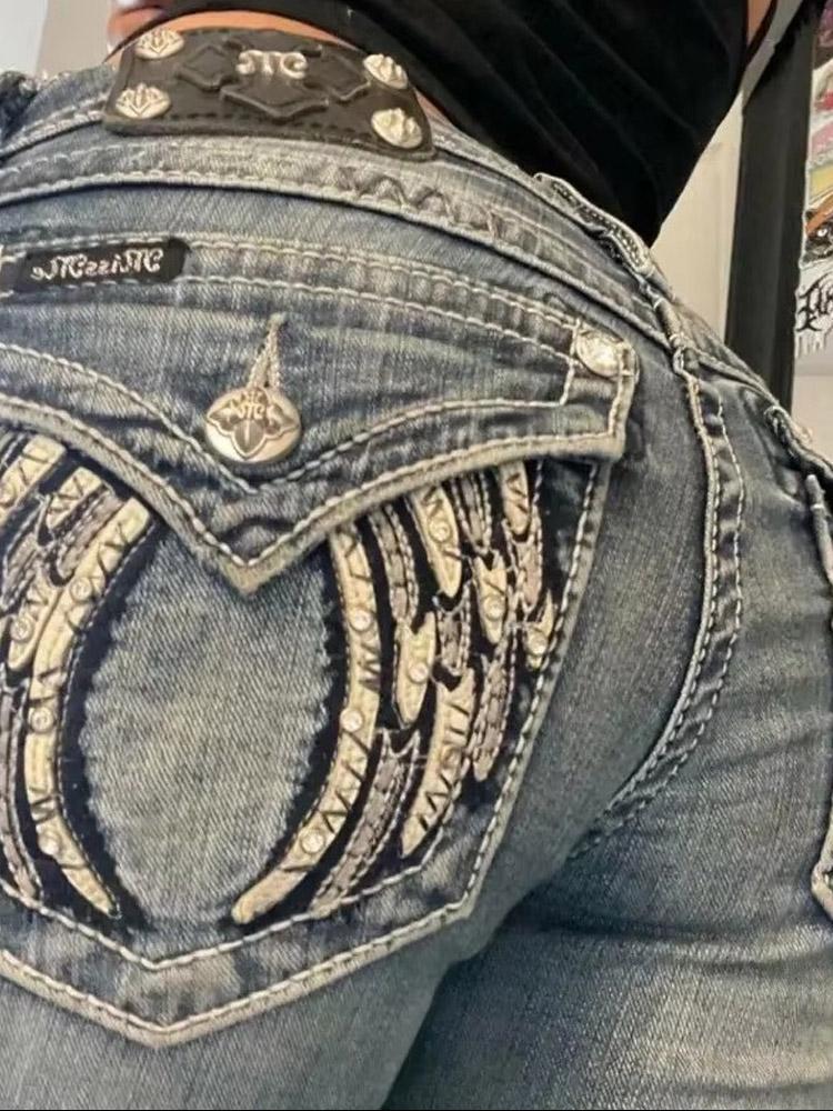 Американские ретро-узкие расклешенные джинсы женские Y2k Harajuku Gothic Vintage Pocket вышитые синие джинсовые брюки с низкой талией широкие брюки