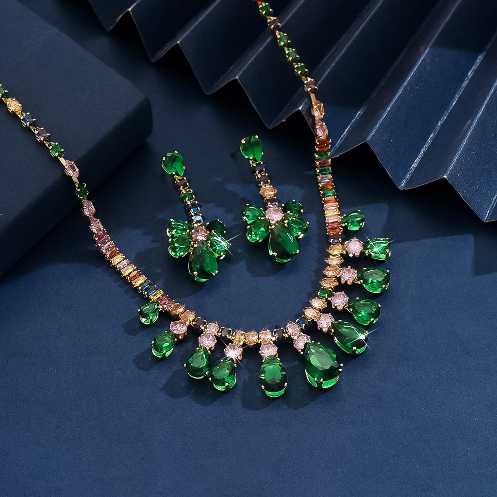 3 предмета Женский модный цирконовый зеленый кулон-капля воды, серьги и цирконовый набор, Подходит для свадьбы, вечеринки и фестивальных подарков