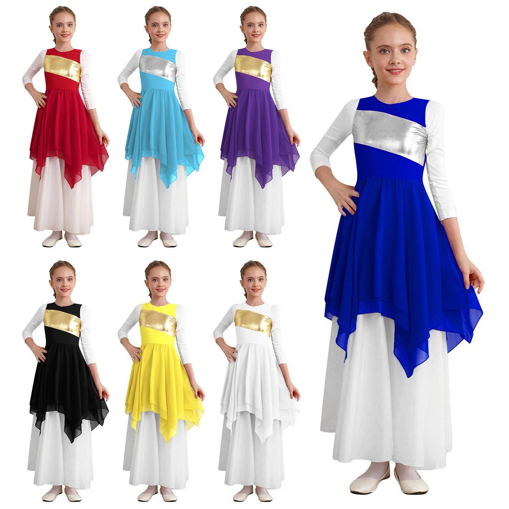 Girls Worship Liturgical Celebration Costume Color Block Sleeveless Asymmetric Hem Lyrical Dance Dress