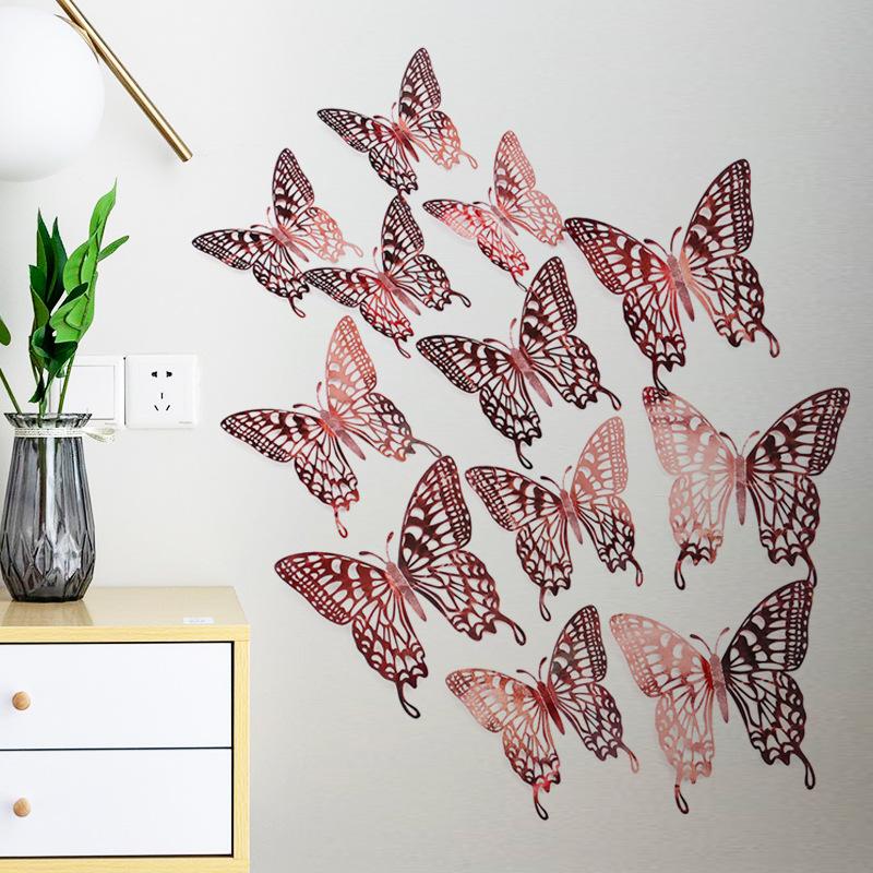 12 Pieces 3D Hollow Butterfly Wall Sticker Bedroom Living Room Home Decoration Paper Butterfly